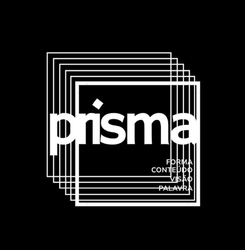Marca Prisma: quadrados sobrepostos ao redor da palavra prisma, com os termos forma, conteúdo, visão e palavra